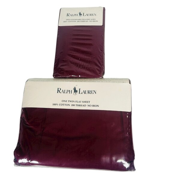 VTG Ralph Lauren Classic Maroon One Twin Flat Sheet Two Standard Pillowcases Set - Picture 1 of 13